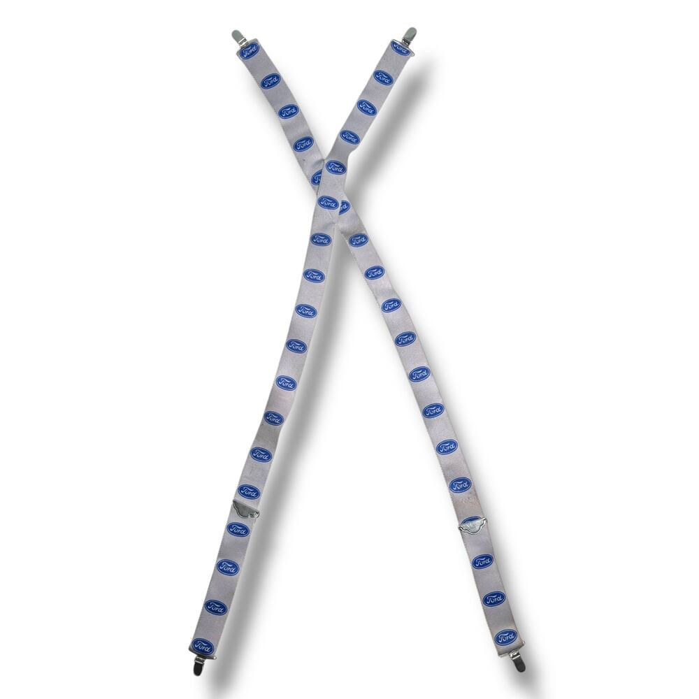 Vintage Ford Motor Company Suspenders White Blue Logo Clip On Adjustable Stretch